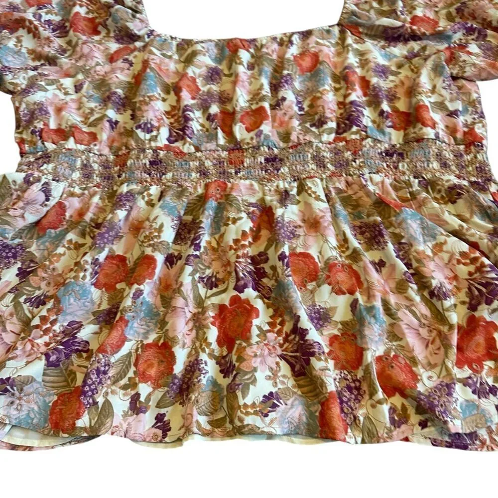 Torrid Colorful Floral Print Blouse Top Shirt Smocked Waist Short Sleeve Size 4x